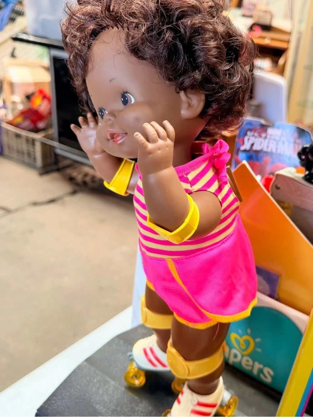 Baby Skates Doll in Pink Stripe Outfit with Yellow Roller Skates - Baby Skates